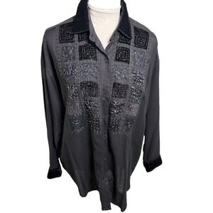 Vtg 90's DD Designs Beaded Patchwork Button Up Shirt~M~Black Oversized Goth Boho